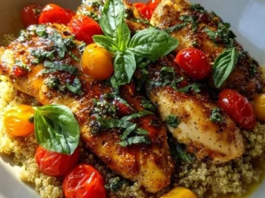 Romantic Chicken with Cherry Tomatoes and Basil plated beautifully for a dinner date