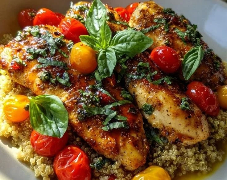 Romantic Chicken with Cherry Tomatoes and Basil plated beautifully for a dinner date