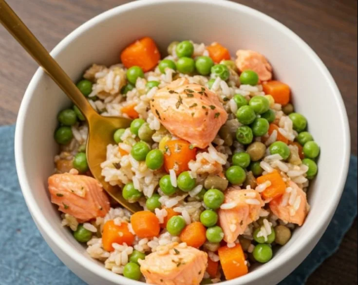A bowl of Salmon & Brown Rice Dog Food for healthy canine nutrition.