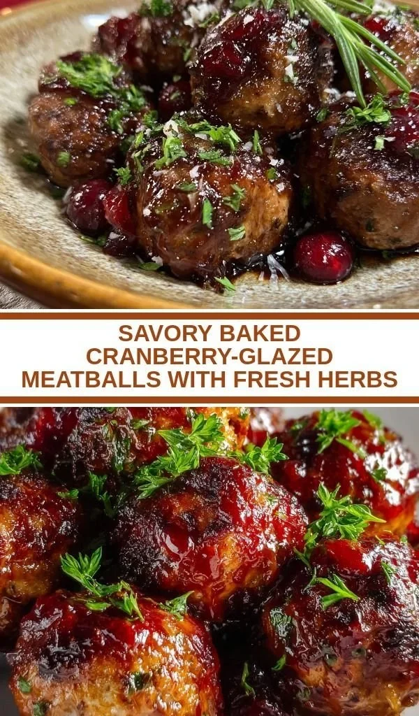 Savory baked cranberry-glazed meatballs garnished with fresh herbs