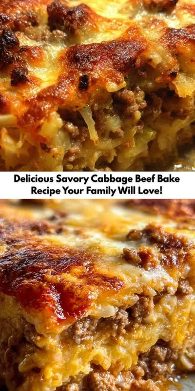 Savory Cabbage Beef Bake served in a baking dish with melted cheese on top