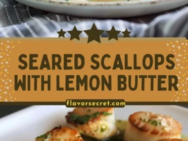 Plate of seared scallops with lemon butter sauce garnished with herbs