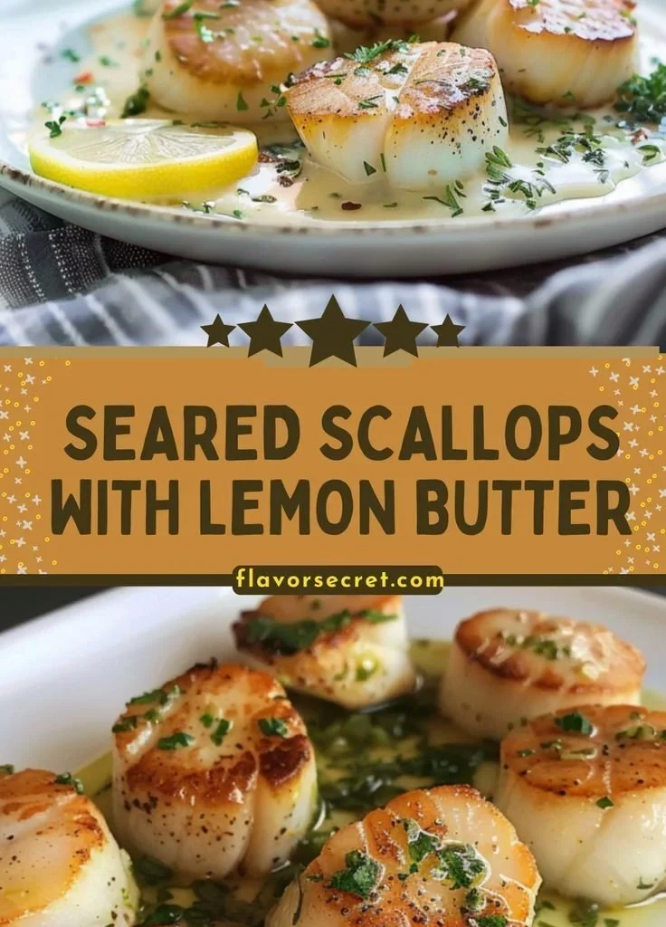 Plate of seared scallops with lemon butter sauce garnished with herbs