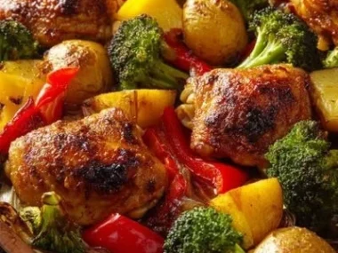A delicious sheet pan meal with roasted vegetables and chicken, perfect for family dinners.