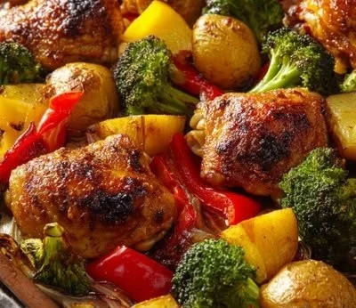 A delicious sheet pan meal with roasted vegetables and chicken, perfect for family dinners.