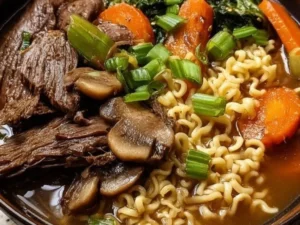 Bowl of slow cooker beef ramen noodles garnished with vegetables