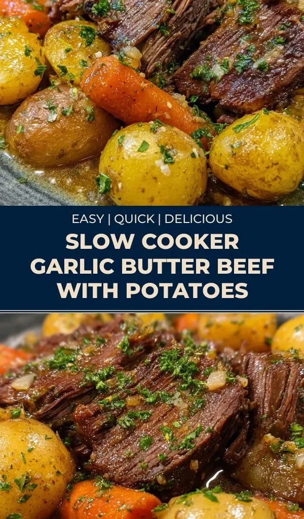 Slow cooker garlic butter beef with potatoes served on a plate