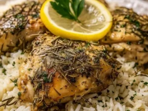 Slow Cooker Lemon Garlic Chicken served with flavorful rice