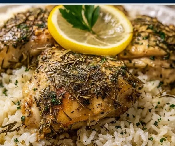 Slow Cooker Lemon Garlic Chicken served with flavorful rice