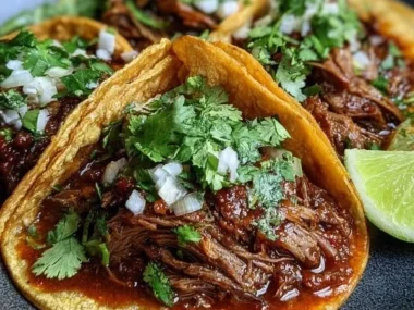 Slow cooker Mexican birria tacos with flavorful broth and tender meat