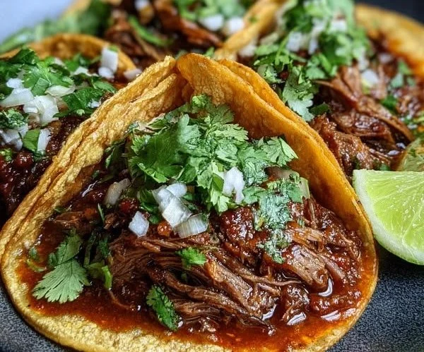Slow cooker Mexican birria tacos with flavorful broth and tender meat