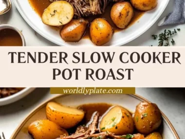 Delicious slow cooker pot roast served with vegetables on a plate