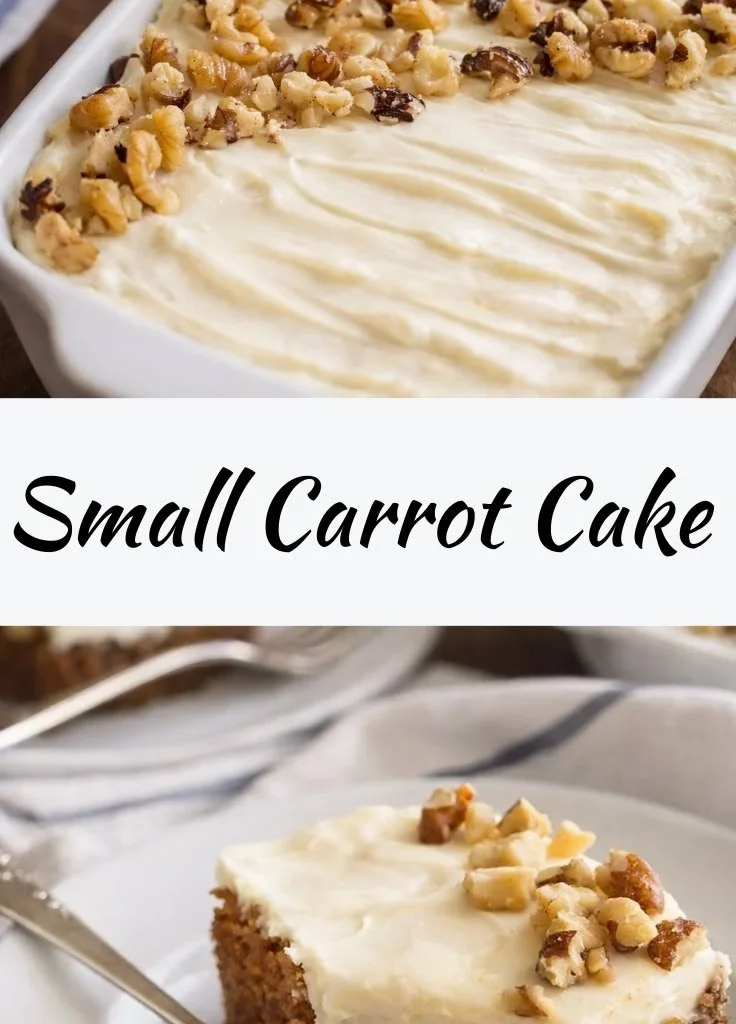 Small carrot cake topped with cream cheese frosting on a decorative plate.