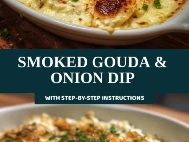 Creamy Smoked Gouda and onion dip in a serving bowl with crackers