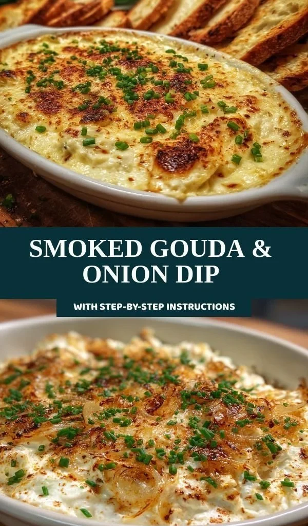Creamy Smoked Gouda and onion dip in a serving bowl with crackers