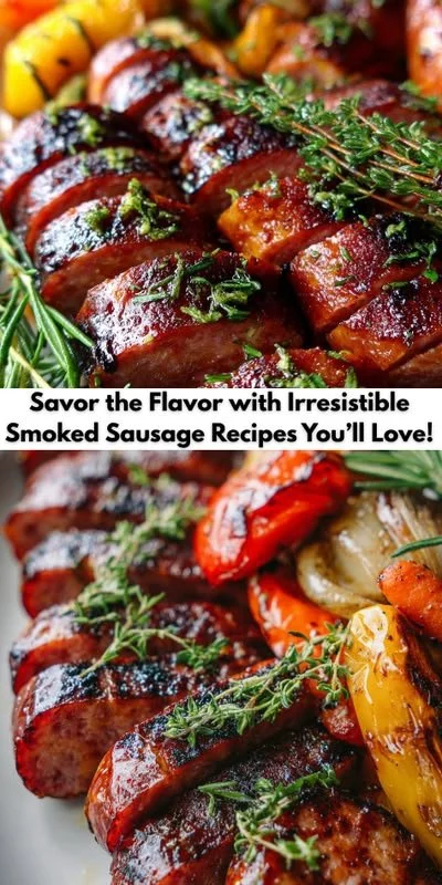 Delicious smoked sausage dishes ready to be served on a platter
