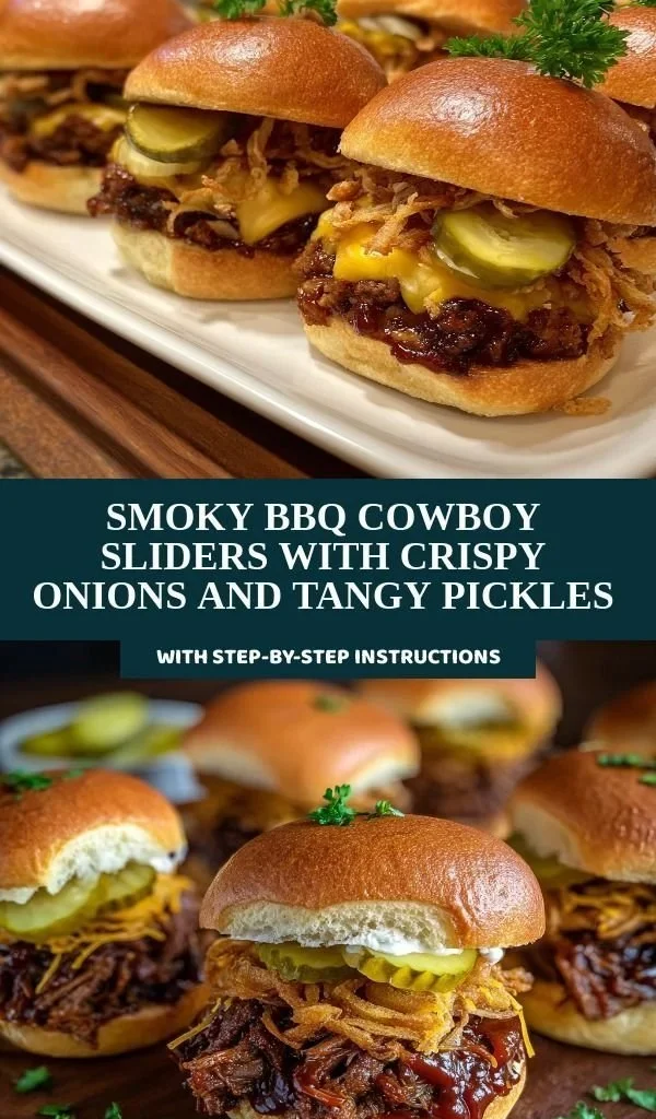 Smoky BBQ cowboy sliders with crispy onions and tangy pickles on a wooden platter