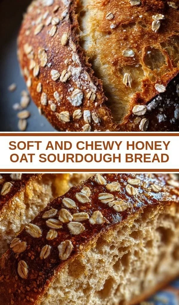 Loaf of soft and chewy honey oat sourdough bread on a wooden cutting board.