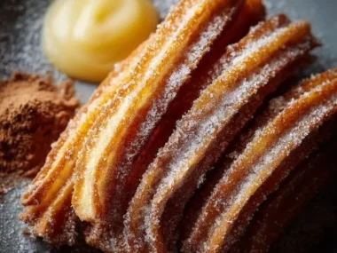 Delicious Spanish churros served with chocolate sauce.