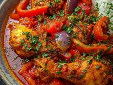 A bowl of spicy Nigerian chicken stew garnished with fresh herbs and spices.