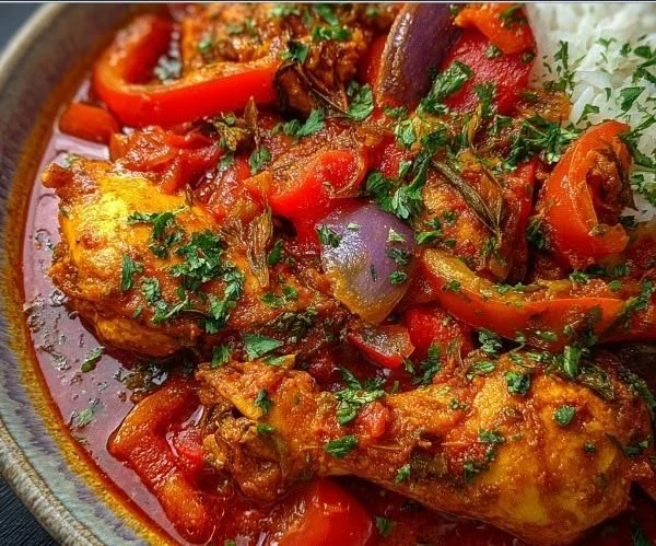 A bowl of spicy Nigerian chicken stew garnished with fresh herbs and spices.