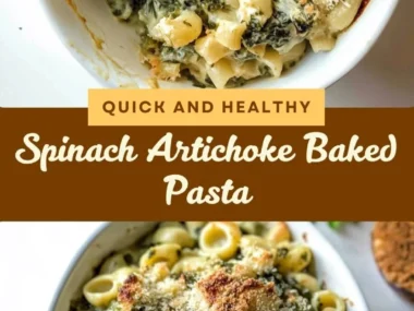 A serving of Spinach and Artichoke Baked Pasta with melted cheese on top.