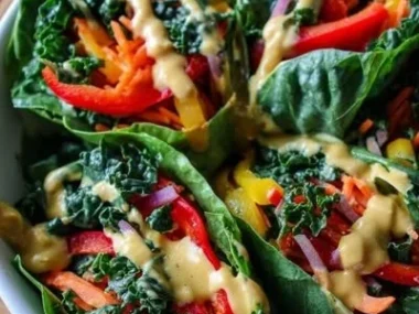Colorful spring roll salad topped with creamy peanut dressing