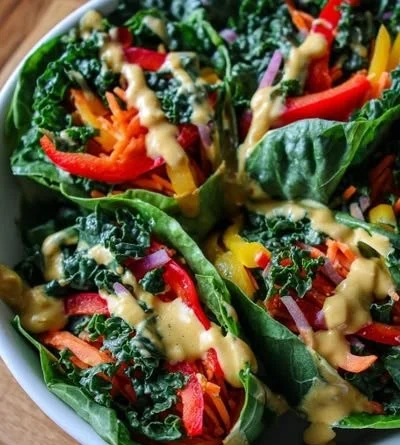 Colorful spring roll salad topped with creamy peanut dressing