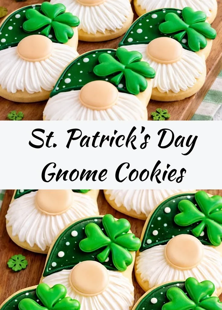 St. Patrick’s Day gnome cookies decorated with festive colors and designs