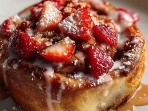 Freshly baked strawberry cinnamon rolls topped with icing