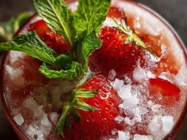 Strawberry Coconut Rum Cooler cocktail garnished with fresh strawberries and coconut