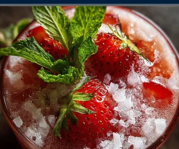 Strawberry Coconut Rum Cooler cocktail garnished with fresh strawberries and coconut