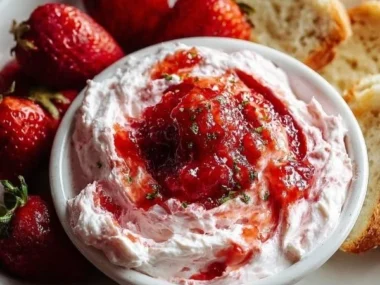 Delicious strawberry cream cheese dip served with fresh strawberries