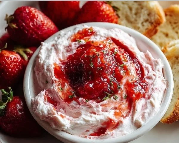 Delicious strawberry cream cheese dip served with fresh strawberries