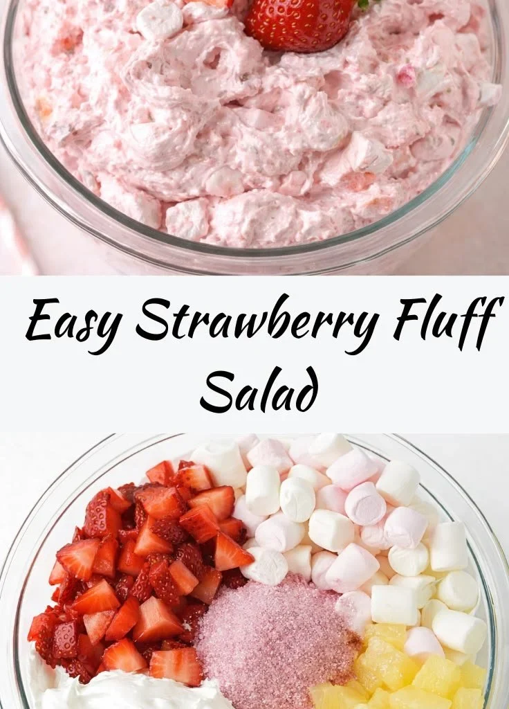 Delicious strawberry fluff salad served in a bowl, perfect Easter dessert.