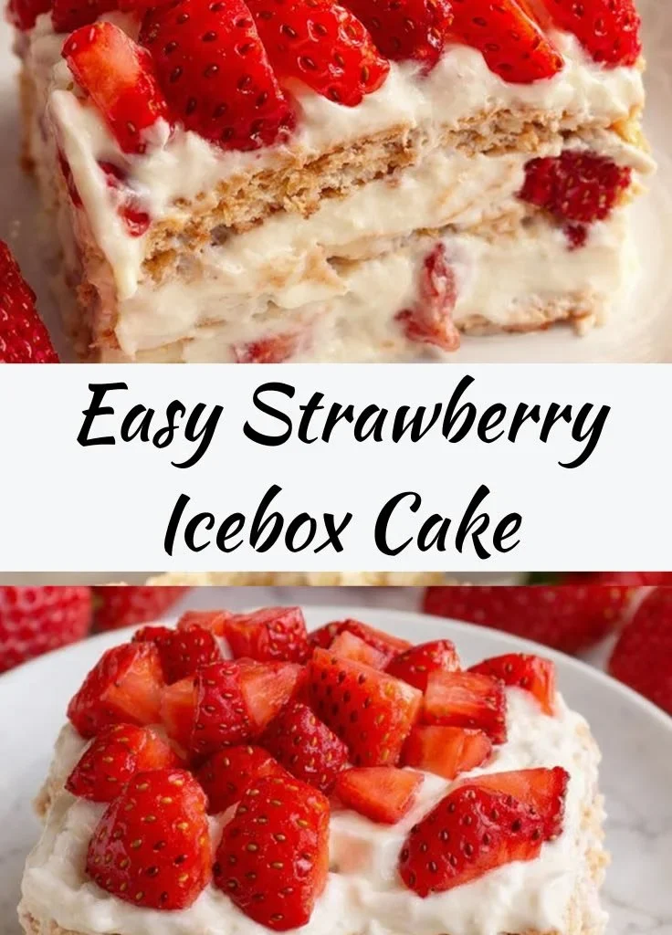 Delicious Strawberry Icebox Cake on a plate, garnished with fresh strawberries.