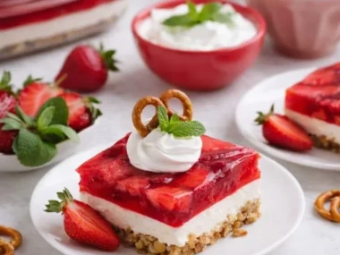 Delicious Strawberry Pretzel Dessert featuring sweet strawberries and a salty pretzel crust