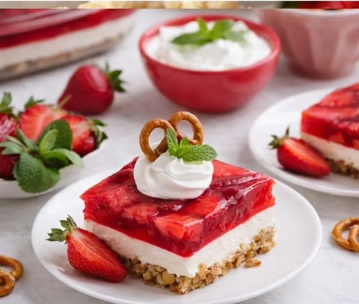 Delicious Strawberry Pretzel Dessert featuring sweet strawberries and a salty pretzel crust