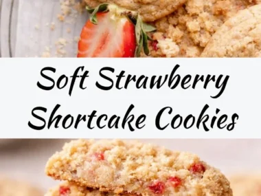 Freshly baked Strawberry Shortcake Cookies topped with strawberries and whipped cream.