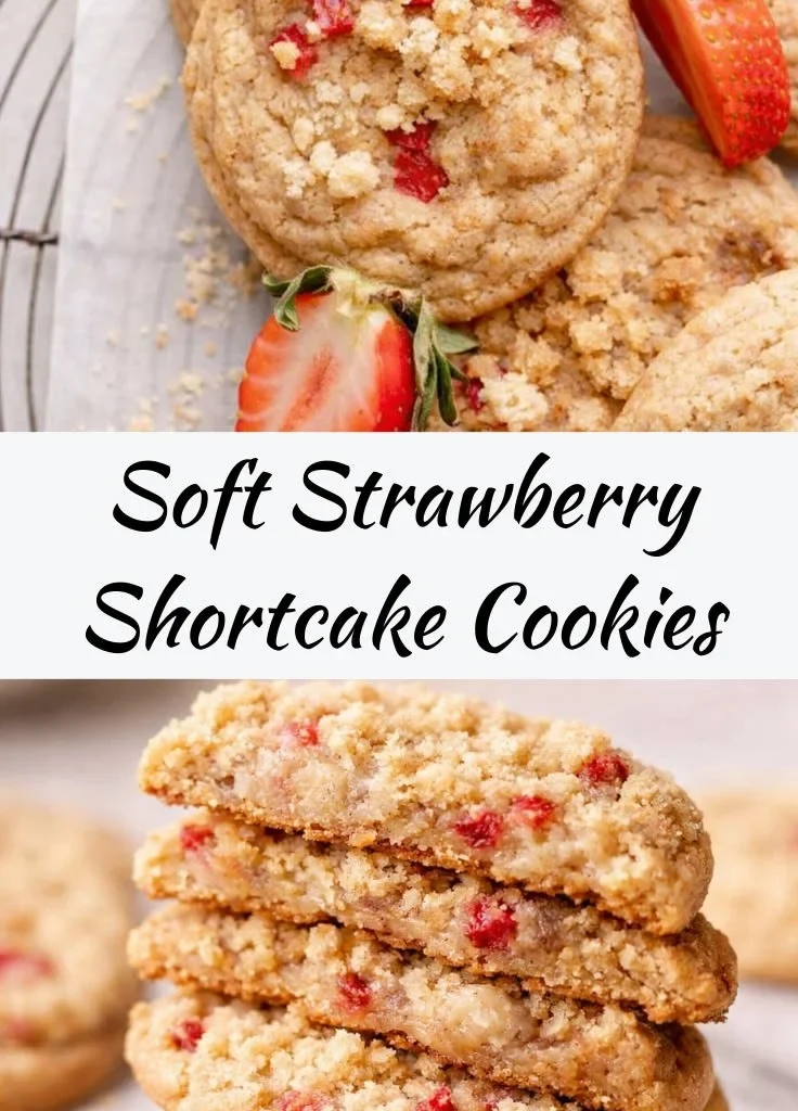 Freshly baked Strawberry Shortcake Cookies topped with strawberries and whipped cream.