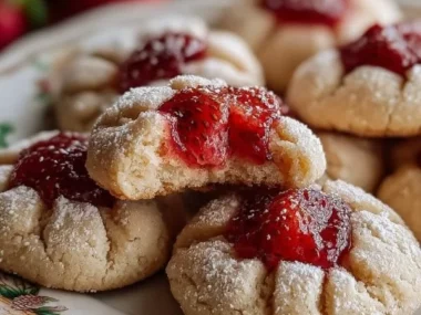 Freshly baked strawberry sugar cookies topped with chocolate kisses