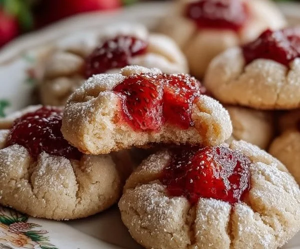Freshly baked strawberry sugar cookies topped with chocolate kisses