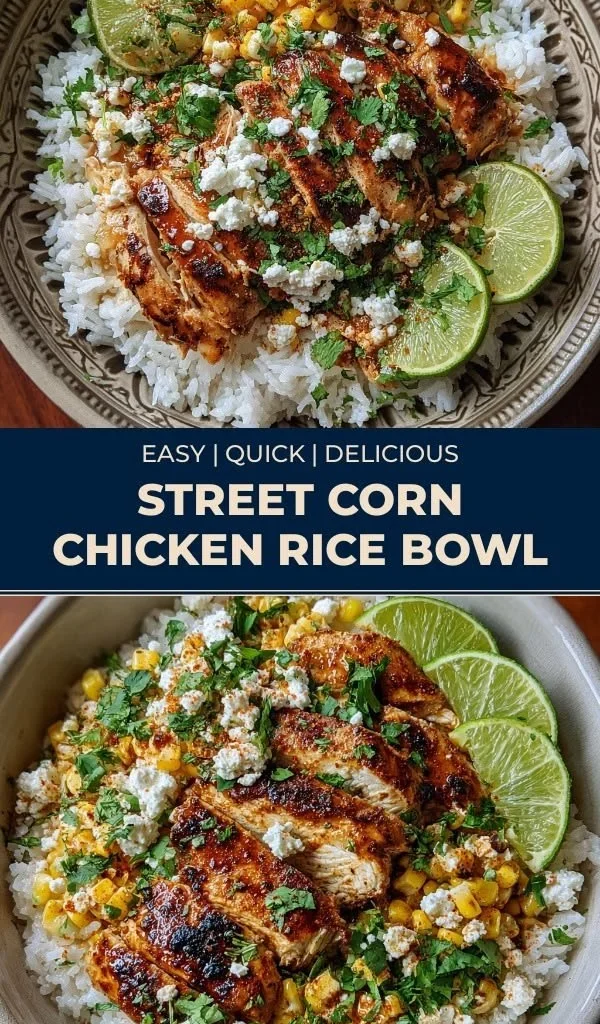 Delicious street corn chicken rice bowl topped with fresh herbs and spices