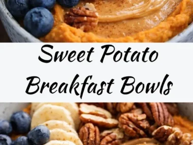 Delicious sweet potato breakfast bowls topped with colorful fruits and nuts.