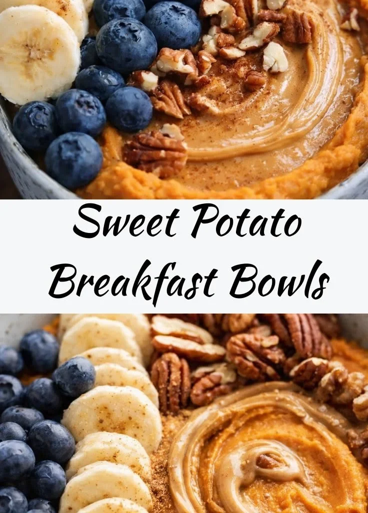 Delicious sweet potato breakfast bowls topped with colorful fruits and nuts.