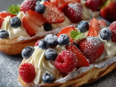 Sweet strawberry cookie boats with fresh strawberries and cream