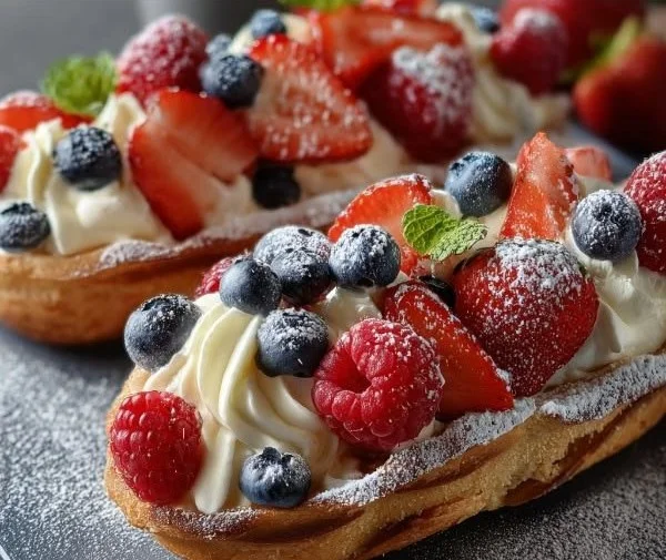Sweet strawberry cookie boats with fresh strawberries and cream