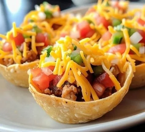 Delicious taco cups filled with ground beef, cheese, and toppings