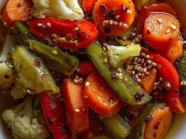 Jar of tangy refrigerator pickled vegetables for a refreshing side dish