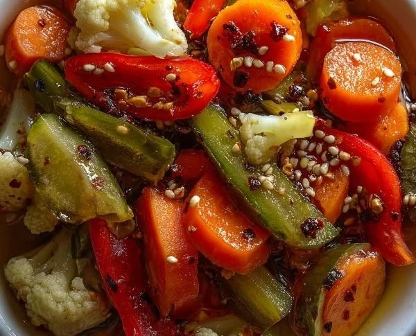 Jar of tangy refrigerator pickled vegetables for a refreshing side dish